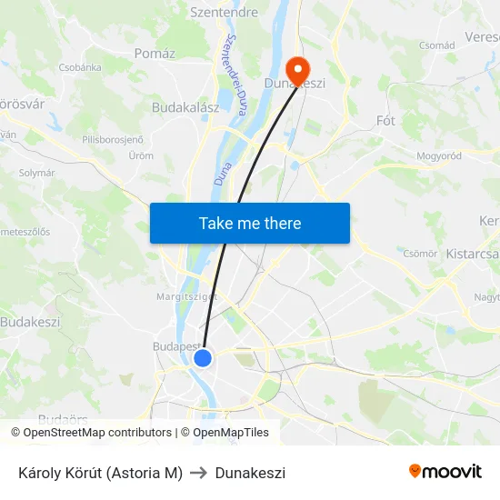 Károly Körút (Astoria M) to Dunakeszi map