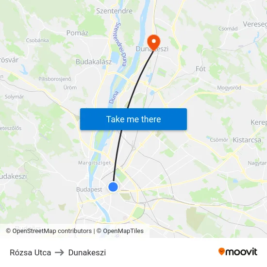 Rózsa Utca to Dunakeszi map