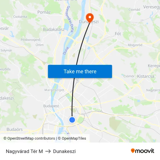 Nagyvárad Tér M to Dunakeszi map