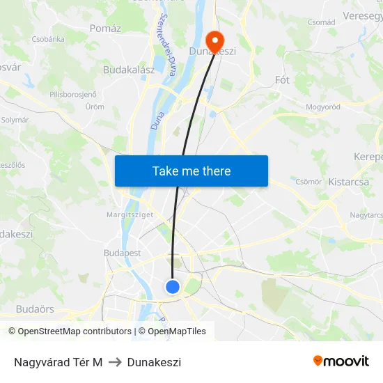 Nagyvárad Tér M to Dunakeszi map