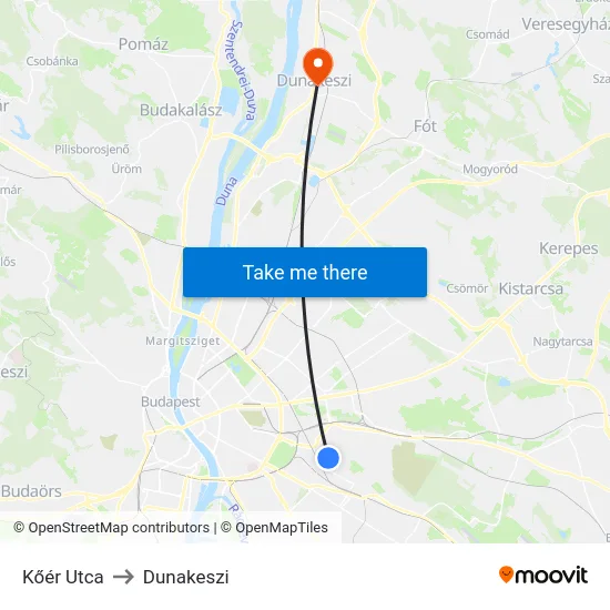 Kőér Utca to Dunakeszi map