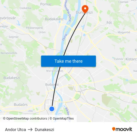 Andor Utca to Dunakeszi map