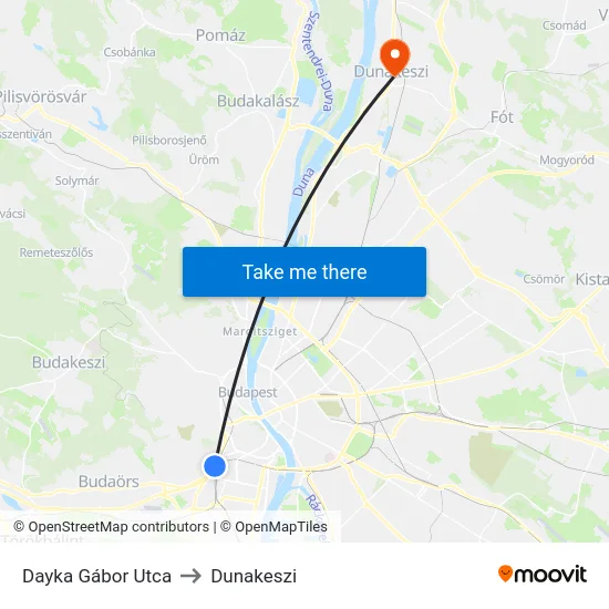 Dayka Gábor Utca to Dunakeszi map