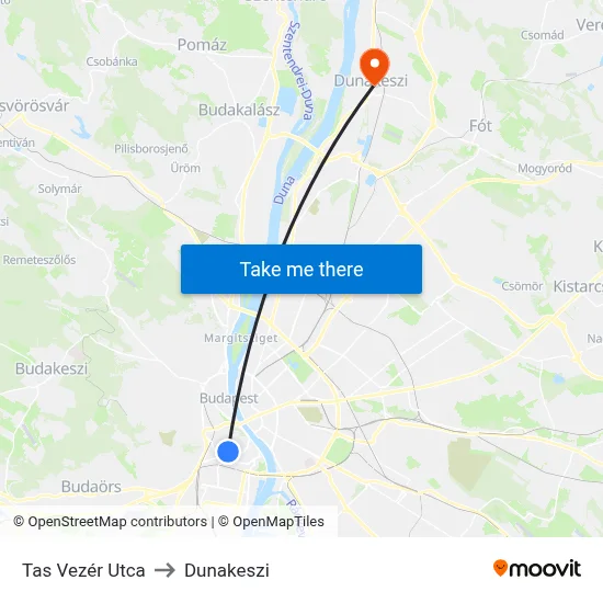 Tas Vezér Utca to Dunakeszi map