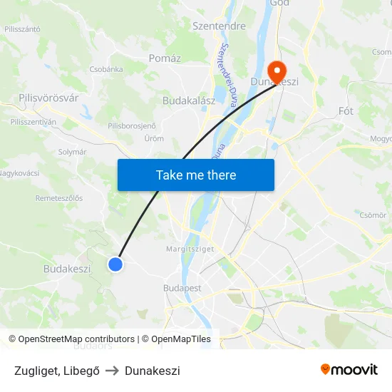 Zugliget, Libegő to Dunakeszi map
