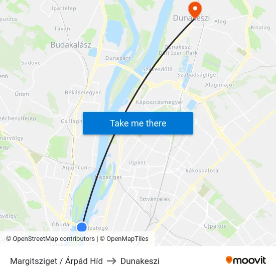 Margitsziget / Árpád Híd to Dunakeszi map