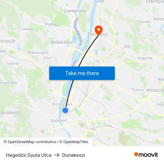 Hegedűs Gyula Utca to Dunakeszi map