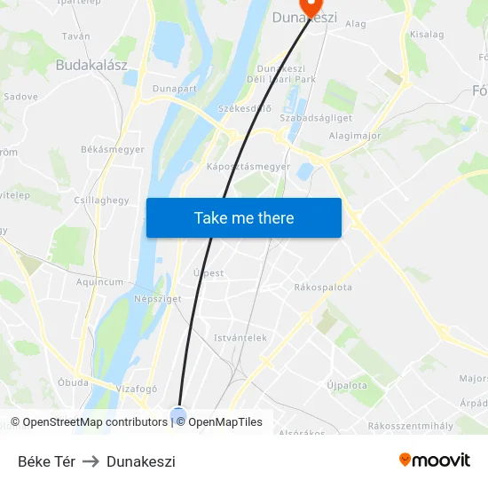 Béke Tér to Dunakeszi map