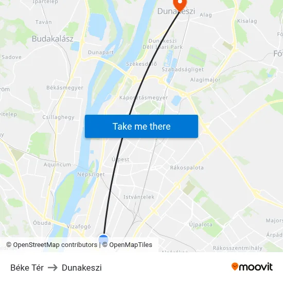 Béke Tér to Dunakeszi map