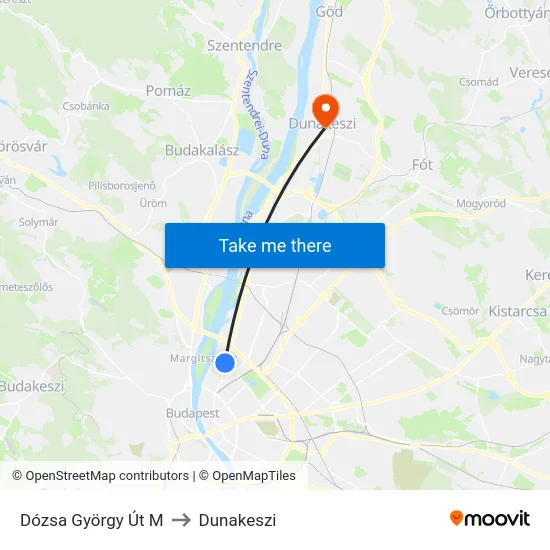 Dózsa György Út M to Dunakeszi map