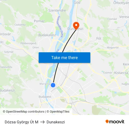 Dózsa György Út M to Dunakeszi map