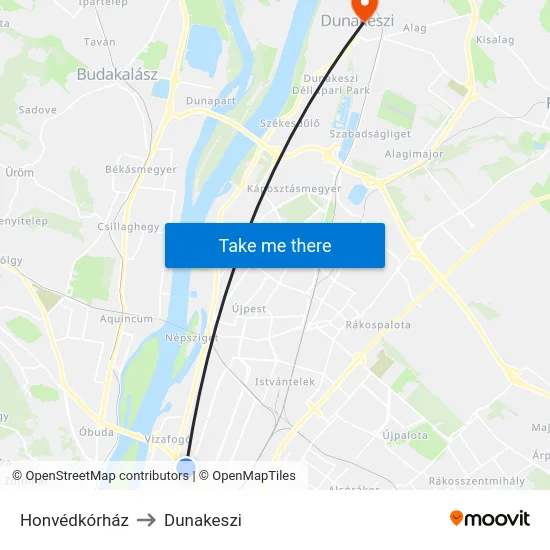 Honvédkórház to Dunakeszi map