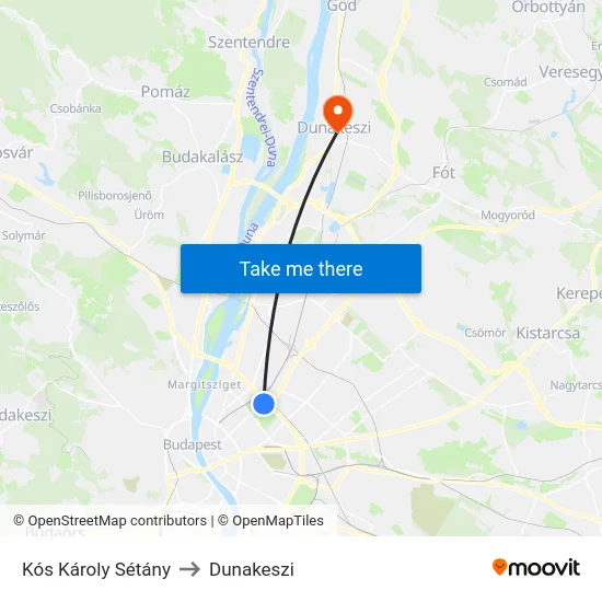 Kós Károly Sétány to Dunakeszi map