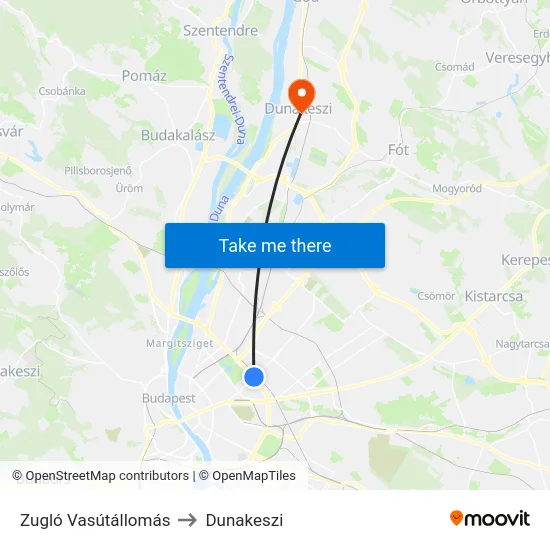 Zugló Vasútállomás to Dunakeszi map
