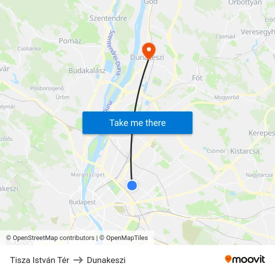 Tisza István Tér to Dunakeszi map