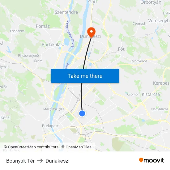 Bosnyák Tér to Dunakeszi map