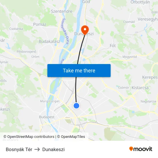 Bosnyák Tér to Dunakeszi map
