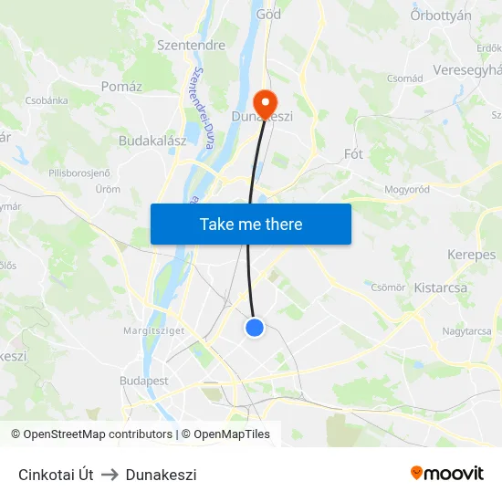 Cinkotai Út to Dunakeszi map