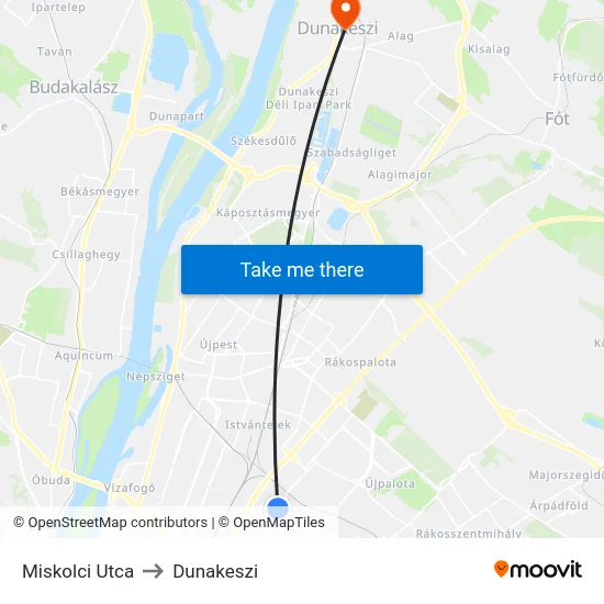 Miskolci Utca to Dunakeszi map