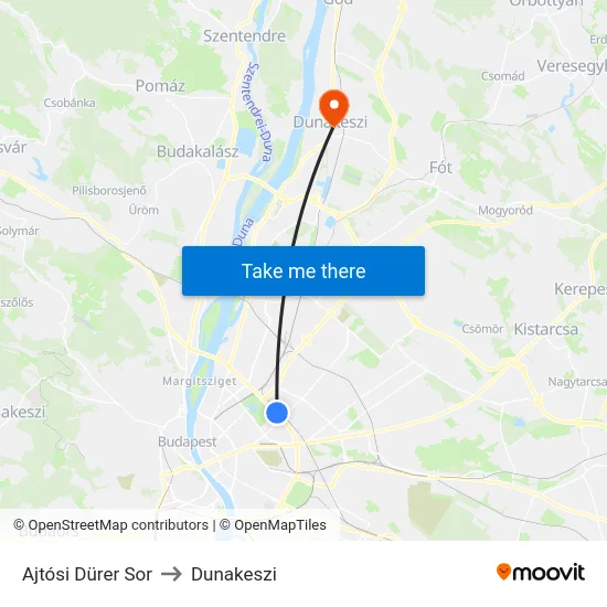 Ajtósi Dürer Sor to Dunakeszi map