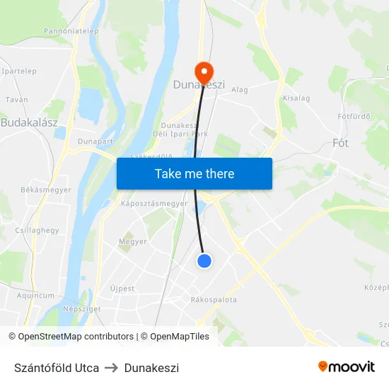 Szántóföld Utca to Dunakeszi map