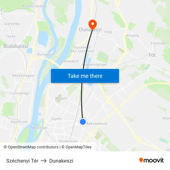 Széchenyi Tér to Dunakeszi map