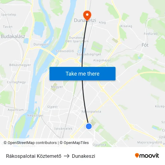 Rákospalotai Köztemető to Dunakeszi map