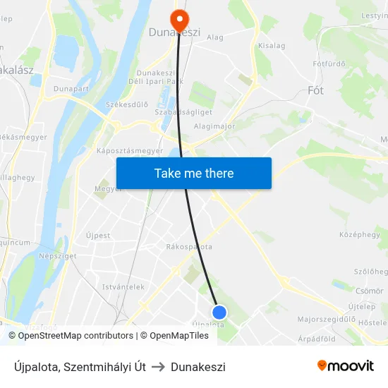 Újpalota, Szentmihályi Út to Dunakeszi map