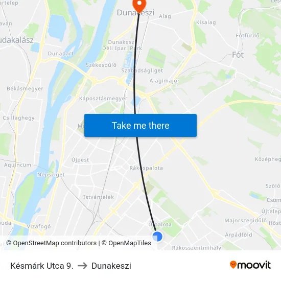 Késmárk Utca 9. to Dunakeszi map