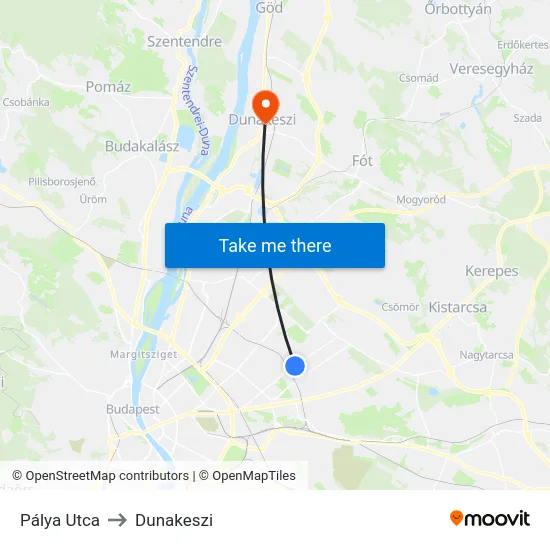 Pálya Utca to Dunakeszi map