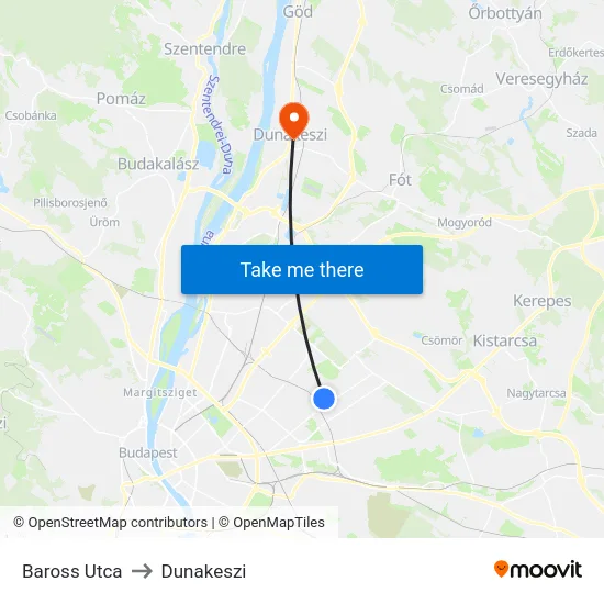 Baross Utca to Dunakeszi map