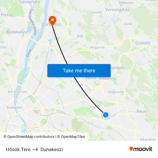 Hősök Tere to Dunakeszi map