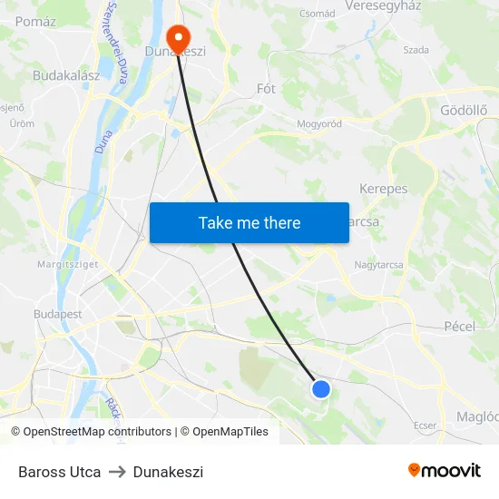 Baross Utca to Dunakeszi map