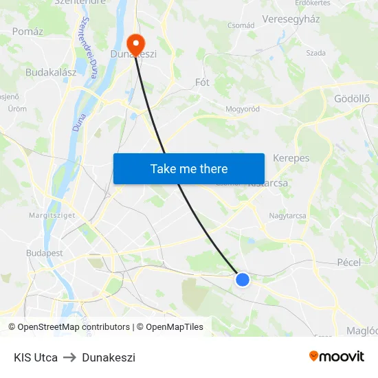 KIS Utca to Dunakeszi map