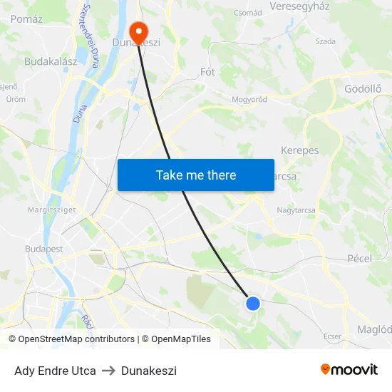 Ady Endre Utca to Dunakeszi map