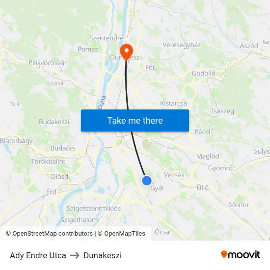 Ady Endre Utca to Dunakeszi map
