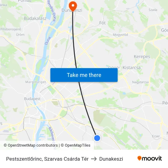 Pestszentlőrinc, Szarvas Csárda Tér to Dunakeszi map