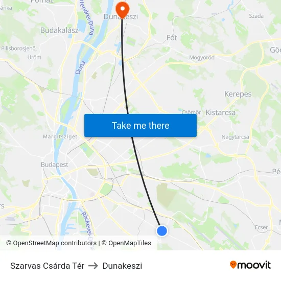Szarvas Csárda Tér to Dunakeszi map
