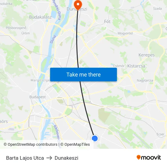 Barta Lajos Utca to Dunakeszi map