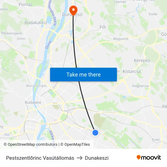Pestszentlőrinc Vasútállomás to Dunakeszi map