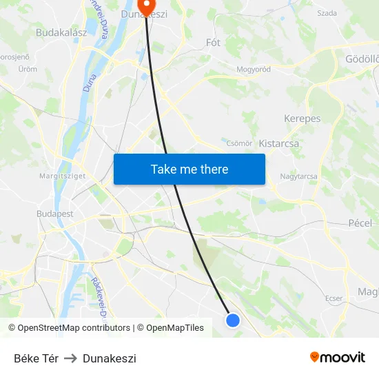Béke Tér to Dunakeszi map