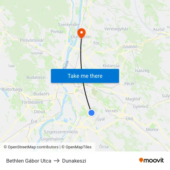 Bethlen Gábor Utca to Dunakeszi map