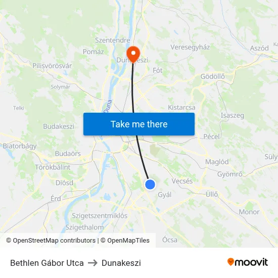 Bethlen Gábor Utca to Dunakeszi map