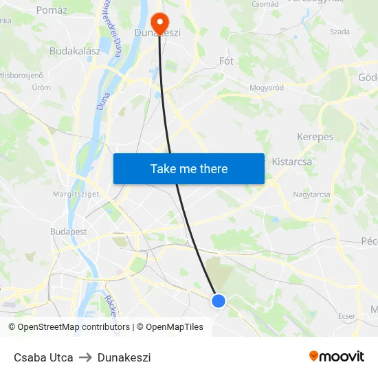 Csaba Utca to Dunakeszi map