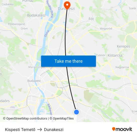Kispesti Temető to Dunakeszi map