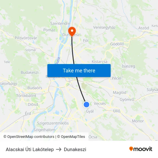 Alacskai Úti Lakótelep to Dunakeszi map