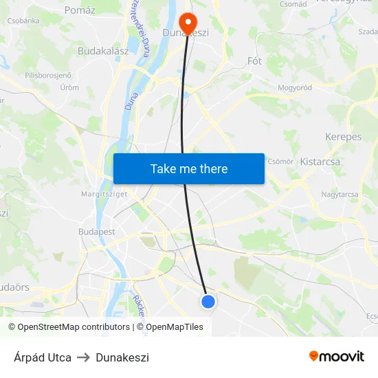 Árpád Utca to Dunakeszi map
