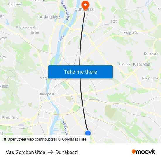 Vas Gereben Utca to Dunakeszi map