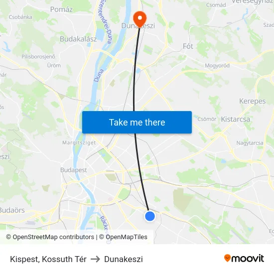 Kispest, Kossuth Tér to Dunakeszi map