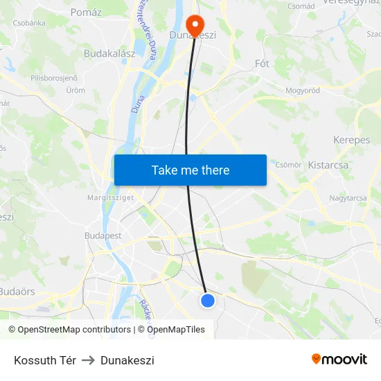 Kossuth Tér to Dunakeszi map